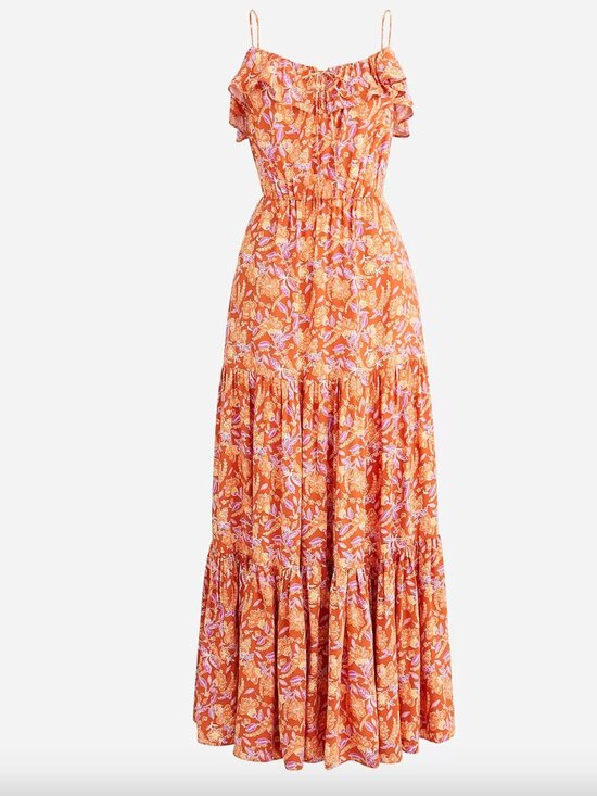J. Crew Dresses & Skirts - J. Crew • Floral Orange Pink Ruffle Tiered Maxi Dress in Painted Block Print • M
